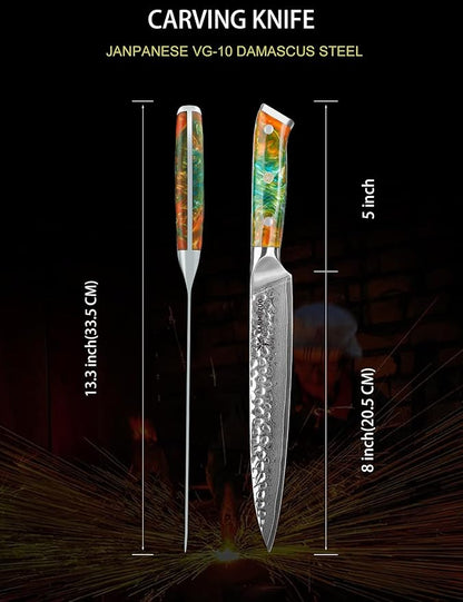 8 Inch Carving Knife, Meat Slicing Knife - Hammered Damascus Steel & Resin Handle - Yao Series