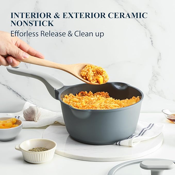 PRICUSIS Nonstick Saucepan Set with Lids, 2QT and 2.7QT Ceramic Sauce Pan Set, Non Toxic Sauce Pots with Pour Spouts for Multipurpose Use, PTFE, PFOA & PFAS Free, Induction Compatible
