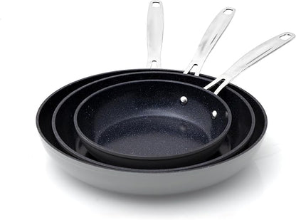 Nuwave 3-Piece Fry Pan Set, 8”, 10”, 12” Forged Lightweight, G10 Healthy Duralon Blue Ceramic Ultra Non-Stick, Induction-Ready & Works on All Cooktops, Ergonomic Stay-Cool Handles