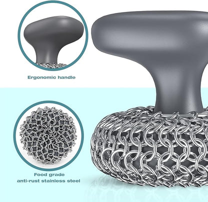 Cast Iron Scrubber | Dish Scrub Brush | 316 Cleaner Chainmail Scrubber for Cast Iron Pan Skillet Cleaner - Dish Scouring Pad Dishwasher Safe Cleaning Kit, Grey 02