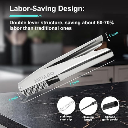 Garlic Press, Stainless Steel Garlic & Ginger Crusher, with Built-In Cleaner, Rust Resistant, No Peel, Large Capacity, Easy Clean，Dishwasher Safe，Silver