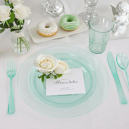 WDF 180 Pieces Green Plastic Silverware Disposable - Clear Green Cutlery Sets 60 Forks, 60 Knives and 60 Spoons - Heavy Duty Plastic Utensils for Party, Summner