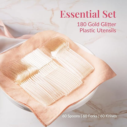 Prestee 180 Gold Glitter Plastic Silverware Cutlery Set - Gold Plastic Silverware Disposable Flatware with 60 Forks, 60 Spoons, 60 Knives - Suitable for Parties, Fancy Party Utensils
