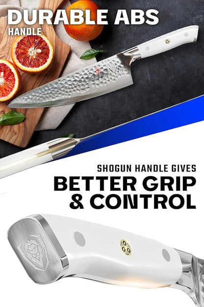 Dalstrong Chef Knife - 8 inch Blade - Shogun Series - Damascus - Japanese AUS-10V Super Steel Kitchen - Glacial White Handle ABS - Razor Sharp Chef's - Full Tang Cooking Knife - Sheath