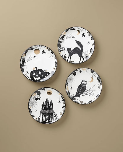 Lenox Dinnerware, Vintage Halloween Haunted Accent Plates, Assorted, Set of 4, Porcelain, Dishwasher & Microwave Safe, Halloween Decor Indoor, Spooky Decorative Plates for Home (Black/White, 4 Piece)