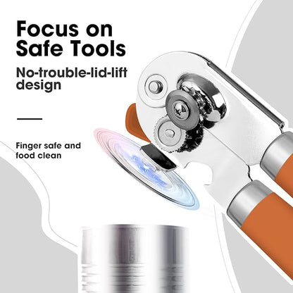 Beneno Heavy Duty Hand Can Opener Manual with Magnet, Durable Sharp Carbon Steel Blade Smooth Cutting, Big Effort-Saving Knob, Soft Grip Handle, Multifunctional Kitchen Tool with Bottle Opener, Orange