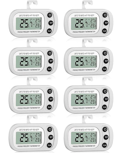 Frienda 8 Pack White Digital Fridge Thermometer Waterproof Refrigerator and Freezer Room Max/min Record Function LCD Screen Refrigerator Thermometer with Hook and Magnetic Back for Home