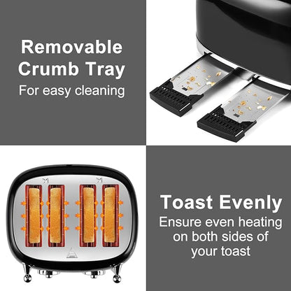 CUSIMAX Toaster 4 Slice, Retro Toaster with Wide Slots for Bagels, Stainless Steel toaster with 6 Toast Settings, Bagel, Cancel, Defrost & Reheat Functions, Dual Independent Control Panels, Black