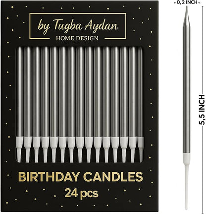 by Tugba Aydan - Silver Birthday Candles - 24 Count Long Thin Silver Birthday Candles for Cake, Metallic Cake Candle for Birthday, Party Candles