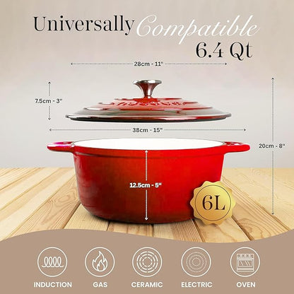 Nuovva Enamelled Cast Iron Dutch Oven Pot with Lid – 6.4 Quart Non Stick Casserole Pot – Heavy Duty & Oven Safe up to 500° F for Bread Baking, Braising, Stews, Roasting – 28cm Red