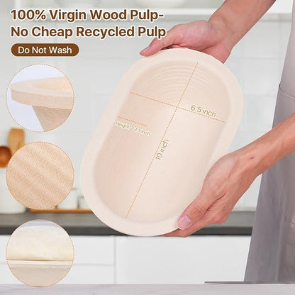 Non-Stick Oval Wood Pulp Banneton Bread Proofing Basket Set Of 2, Sourdough Banneton Basket Kit, Bread Making Tool Sourdough Starter Kit with Proofing Bowl, Cover, Dough Whisk, Lame, Scraper