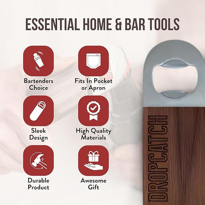 Dropcatch Handheld Bar Blade Bottle Opener | Flat Beer Cap Bottle Opener | Durable Bartender or Home Tool | Heavy Duty Stainless Steel & Walnut Finish | Standard 7” x 1.5”