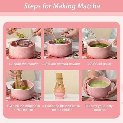 8 Pcs Matcha Whisk Set, Ceramic Matcha Bowl, Whisk and Holder, Bamboo Scoop and Powder Spoon, Scoop Rest, Sifter and Tea Towel, Matcha Set with Cherry Blossom Carved Patterns for Matcha Lovers (Pink)