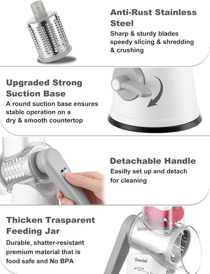Geedel Rotary Cheese Grater Cheese Shredder with 5 Interchangeable Blades - Upgraded Rotary Grater Featuring Strong Suction Base for Cheese Shredding, Wavy Slicing, Nut Grinding, and Ice Shaving