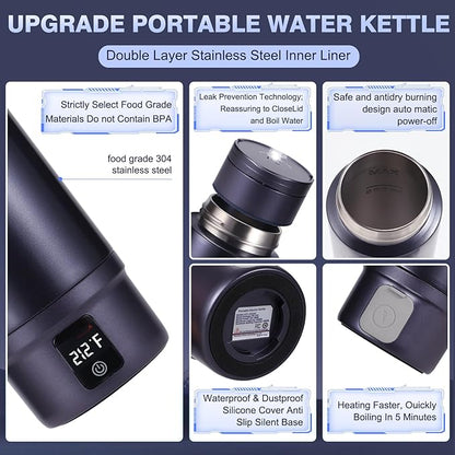 Vacuum Insulated Travel Kettle,Miicasa Stainless Steel Tumbler Small Electric Kettel,Travel Water Boiler with 6 Temperature and Auto Shut-Off Boil Dry,16oz