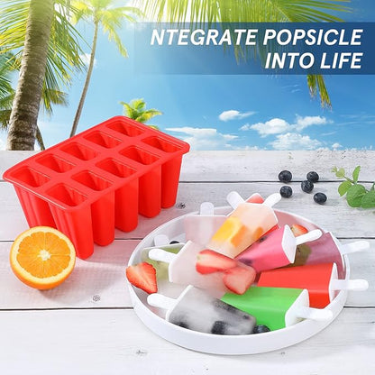 Popsicle Molds,Silicone Ice Pop Molds,BPA Free Popsicle Mold Reusable Easy Release Ice Pop Maker,Homemade Popsicle Mould with Silicone Funnel and Cleaning Brush (Red, 10 Cavities)