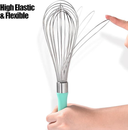 18/8 Stainless Steel Balloon Whisk, Doosu Kitchen Whisk for Cooking Handheld Egg Beater with Rust-Proof Sturdy Wires & Non-Slip Silicone Handle for Beating, Stirring, Blending (12 Wires, Aqua Sky)