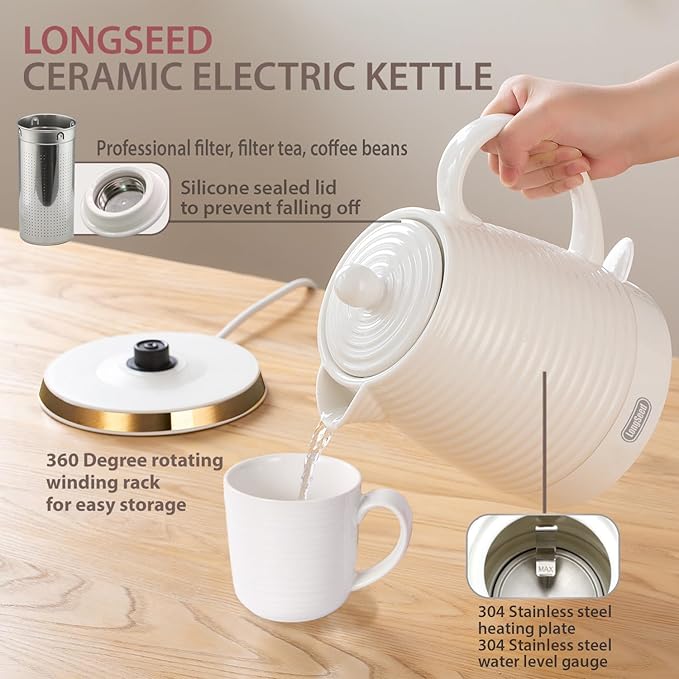 1.26 Quarts Ceramic Electric Kettle with Infuser & Cups Kit, Boil Water Teapot, Boil-Dry Protection Auto Shut-off, Detachable Swivel Base, 1000W Fast Boiling for Tea and Coffee