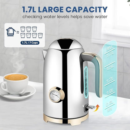 SUSTEAS Electric Kettle - 57oz Hot Tea Water Boiler with Thermometer, 1500W Fast Heating Stainless Steel Pot, Cordless LED Indicator, Auto Shut-Off & Boil Dry Protection, Glossy Silver