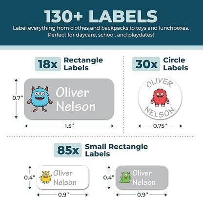 Personalized Daycare Name Labels for Kids (130 Labels) - Custom Waterproof Name Stickers for Clothing Tags, Water Bottles, Lunch Boxes and School Supplies (Monsters)