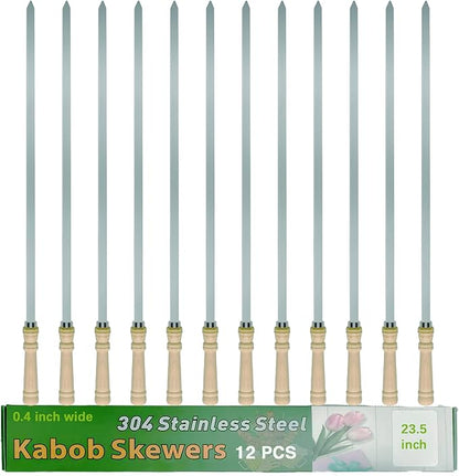 23.5" Large Skewers for Grilling,304 Stainless Steel 0.4 inch Wide Kabob Skewers with Wooden Handle,Heavy-Duty Flat Metal Kebab Skewer,BBQ Barbecue Skewer Reusable for Outdoor Grill-12PCS