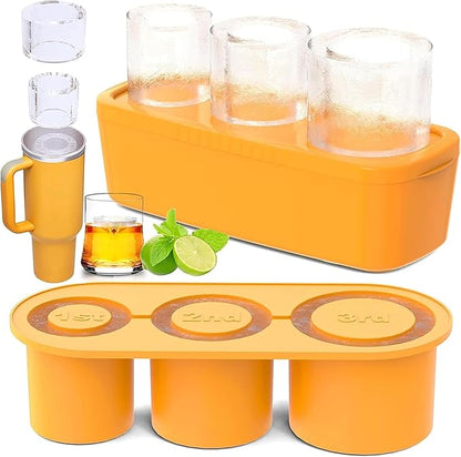 Ice Cube Tray for Stanley Cup, Silicone Ice Mould with Lid & Bin, Long Ice Cubes for 30-40Oz Tumbler, Easy Fill & Release, Perfect for Cocktails, Whiskey, Iced Coffee, Drinks, BPA Free (Yellow)