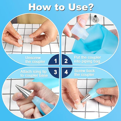 Piping Bags and Tips Set, Cake Decorating Kit with 2 Reusable Piping Bags, 24 Icing Tips, 2 Couplers, 3 Scrapers 2 Silicone Rings, Cupcake Decorating Kits Cake Piping Tips Frosting Piping Kit