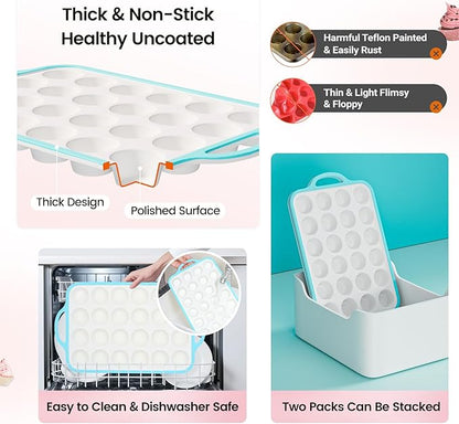 Silicone Mini Muffin Pan With Metal Reinforced Frame - 24 Cups Durable Silicone Cupcake Pan for Muffin, Cupcakes, BPA Free and Dishwasher Safe - 2 Piece Blue