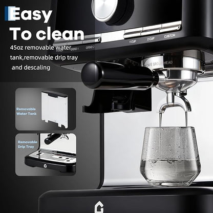 Garvee 20 Bar Pressure Espresso Machine with Grinder, 1.5L Removable Water Tank, Milk Frother Steam Wand for Latte/Cappuccino (BLACK,20Bar,With Grinder)
