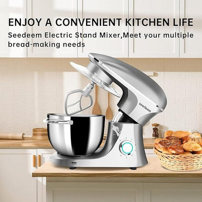 Seedeem 6.5QT Stand Mixer, 660W Tilt-Head Kitchen Electric Mixer with 6 Speeds, Dough Hook, Beater & Whisk, Dishwasher Safe Attachments, Silver