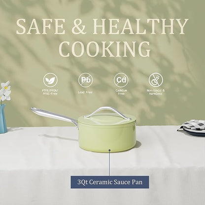3.5QT Nonstick Ceramic Sauce Pan with Lid 8 inch Ceramic Cookare Even Heat Distribution Non Toxic PFAS-Free Healthy Soup Pot for All Stovetops, Oven & Dishwasher Safe 500°F, Olive Green