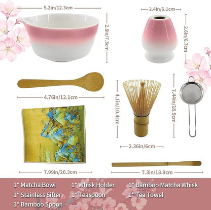 Matcha Whisk Set, 7-Pcs Matcha Set Includes Gradient Ceramic Matcha Bowl and Chasen Holder, Bamboo Whisk, Stainless Sifter, Teaspoon, Tea Towel, Spoon, Matcha Kit for Tea Lovers (Pink)