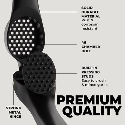 Zulay Kitchen Large Premium Garlic Press Set – Rust Proof & Dishwasher Safe, Bigger Bowl Garlic Mincer Tool with Silicone Garlic Peeler & Brush, Easy Squeeze & Clean, Ergonomic Handle - Black