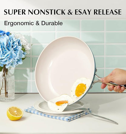 KOCH SYSTEME CS Nonstick Frying Pan with Lid, 10 Inch Non Stick Skillet with Stay-Cool Stainless Steel Handle, Omelet Pan with Nonstick Ceramic Coating, PFOA Free, Dishwasher & Oven Safe, Blue