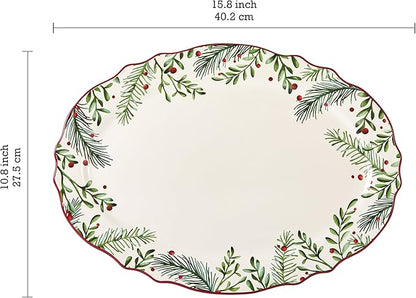 Bico Santa On The Way 16 plus 14 inch Scalloped Oval Platters Set, Set of 2, Microwave and Dishwasher Safe, for Serving Fish, Chicken, Turkey