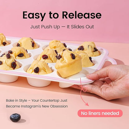 Silicone Muffin Pans for Baking 2 Pack, 2.6 Inch with Metal Reinforced Frame, Regular Size Nonstick Silicone Cupcake Pan for Baking Homemade Muffins, Cupcakes, Dishwasher Safe BPA Free-Pink