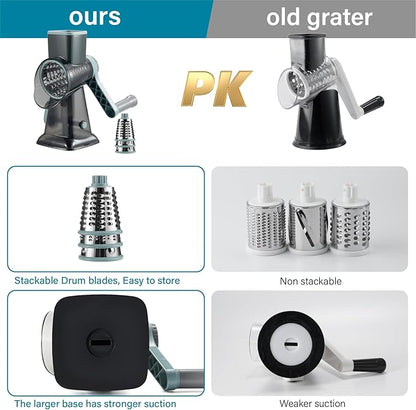 Rotary Cheese Grater hand crank, 3 Blades Cheese shredder with Stronger Suction Base | Stainless Steel Blades for Fruits, Vegetables, Nuts. Easy to Clean, Transparent Black & Blue