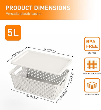 Plastic Storage Baskets With Lid, Storage Bins for Organizing, Stackable Decorative Containers for Shelves Drawers Desktop Closet Playroom Classroom Office, 6 Pack- White
