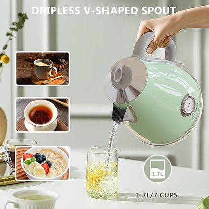 Evoloop Electric Tea Kettle, 1500W /1.7 Liter Hot Water Boiler Heater Pot, Retro Electric Kettle with Thermometer, Auto Shut-Off & Boil-Dry Protection, BPA Free,Stainless Steel Teapot