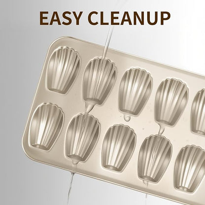 Madeleine Pans Set of 2, Nonstick 12-Cavity Madeleines Mold Cookie Tray for Baking, Heavy Duty Warp Resistant Cute Shell Shape Madeleine Mold Cake Pan-Gold