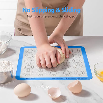 446ºF Heat Resistant Macaron Mat: U-Taste 11x11in Non Stick Silicone Baking Mat, Reusable Cookies Pastry Sheet Liner with Edge Enhancement & Circle Measurement for Square Cake Pan (2 PCS, Light Blue)