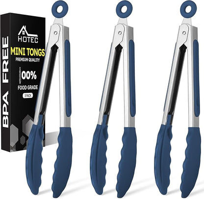 Hotec Mini Silicone Kitchen Tongs for Cooking - 7-Inch Small Serving Tongs with Silicone Tips, Set of 3 (Classic Blue)