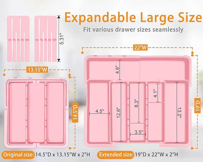 Utensil Drawer Organizer for Kitchen, Expandable Silverware Organizer Cooking Utensils Tray, Large Cutlery and Flatware Holder, Kitchen Tools & Gadgets Storage (Pink)