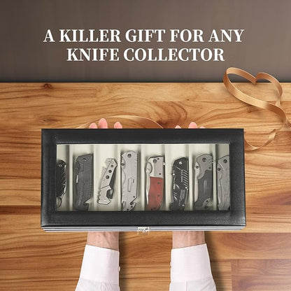 AUTOARK 2-Tier PU Leather & Velvet Knife Organizer with 17 Slots,Transparent Glass Top & Drawer,Compact Storage for Pocket Knives,Perfect for Men's Collections & Gifts,Black,MKAW015