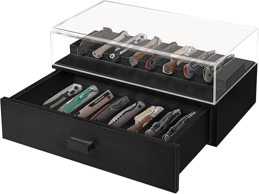 Knife Display Case,2 Tier Wooden Pocket Knife Collection Case with Acrylic Lid, Pocket Knife Storage Drawer Organizer, Black
