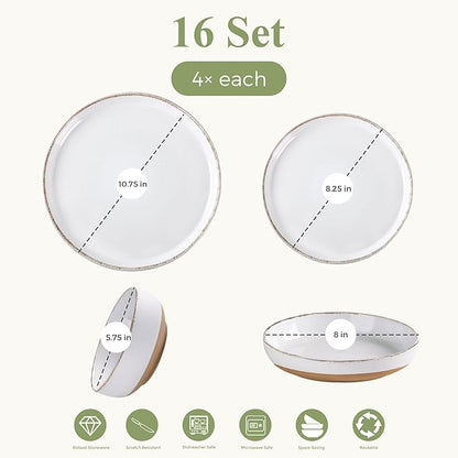 AmorArc Ceramic Dinnerware Sets with Pasta Bowls for 4, Handpainted Plates and Bowls Set with Rustic Terracotta Underside, Scratch Resistant Dishes Set, Dishwasher & Microwave Safe, 16 Pcs-White