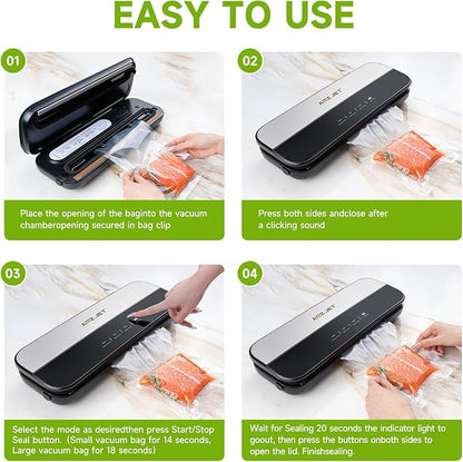 Food Sealer Vacuum Sealer-Tempered Glass Stainless Steel panel, LED Touch Control, Digital Display, Pulse/Moist/Dry/Seal/External Suction Modes, Includes 30 Vacuum Bags & Built-in Cutter (Black Gray)