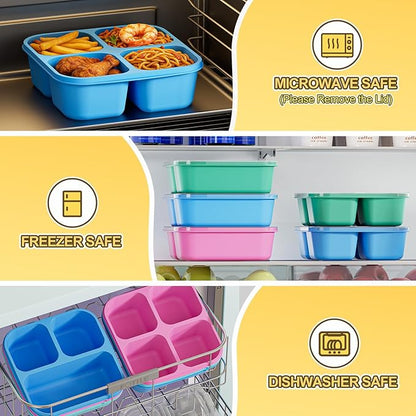 6 Pcs Snack Box Container Set, Reusable 3&4 Compartment Meal Prep Snack Containers for Adults Kids Toddler, BPA-Free Divided Lunchable Container for School, Work and Travel (Transparent Lids)