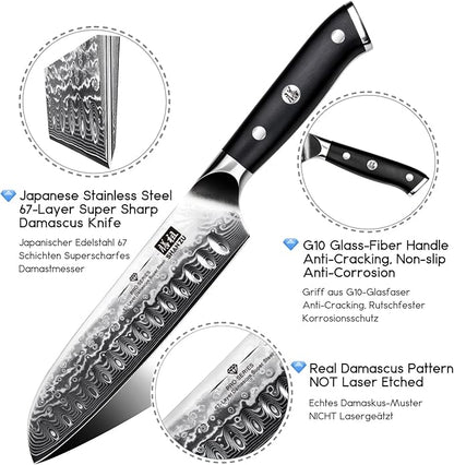 SHAN ZU Chef Knife, Kitchen Knife Santoku Chef's Knife 7 Inch Multifunction Kitchen Knives Damascus Stainless Steel & Ergonomic Fiberglass G10 Handle Best Sharp High-Carbon Knives