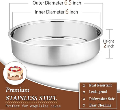 P&P CHEF Cake Pan Set of 4, Stainless Steel Baking Round Cake Pans Tins Bakeware for Birthday Wedding, Leak-proof & Easy Clean, Mirror Finish & Easy Releasing, 6 Inch